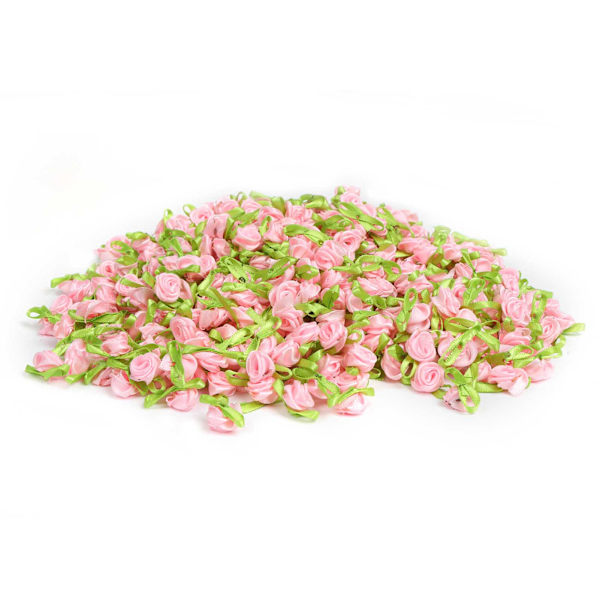 Håndlagde blomster med blader små roser hodeplagg dukketilbehør DIY kunstig bånd (rosa)