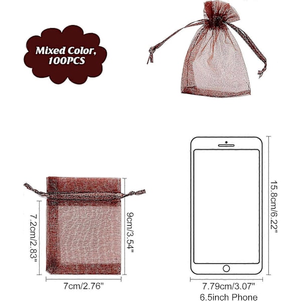 100 kpl Organza Korulahjapusseja Nauhoilla Sekavärisiä, 7x9cm
