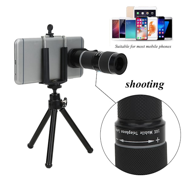Bærbart Mini Monocular Telescope 18X Night Viewing med telefonklemme og stativ