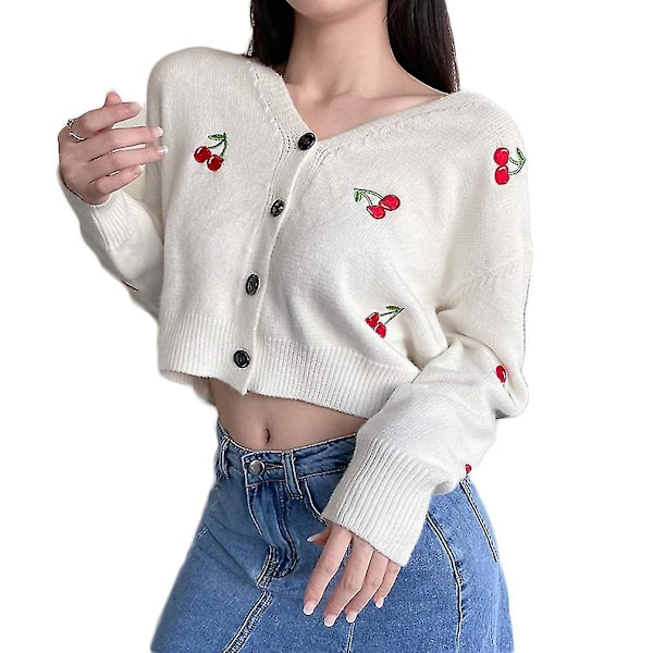 Cherry Embroidered Long Sleeve Knit Cardigan S White