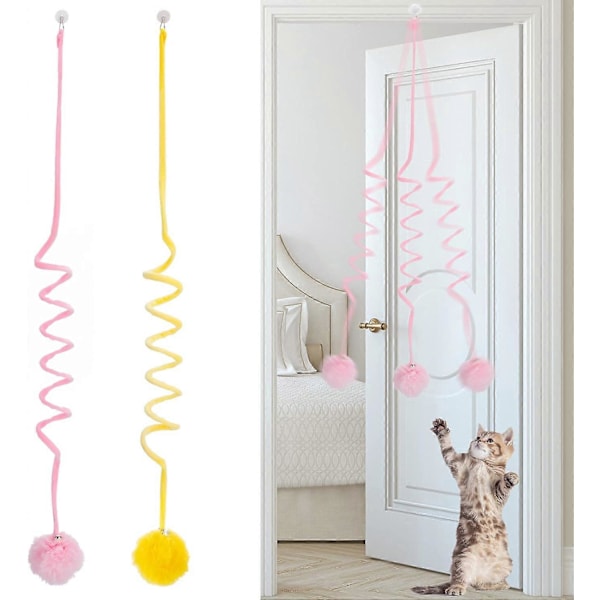 2-pack dörrhängande kattleksaker, infällbara kattleksaker interaktiva kattsängleksaker med klockor (rosa + gul)