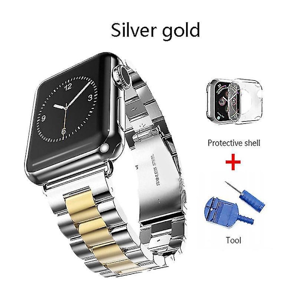 Stainless Steel Strap for Apple Watch - 40mm/44mm, 38mm/42mm - Sport Metal Watchband 45mm Silver gold Tool