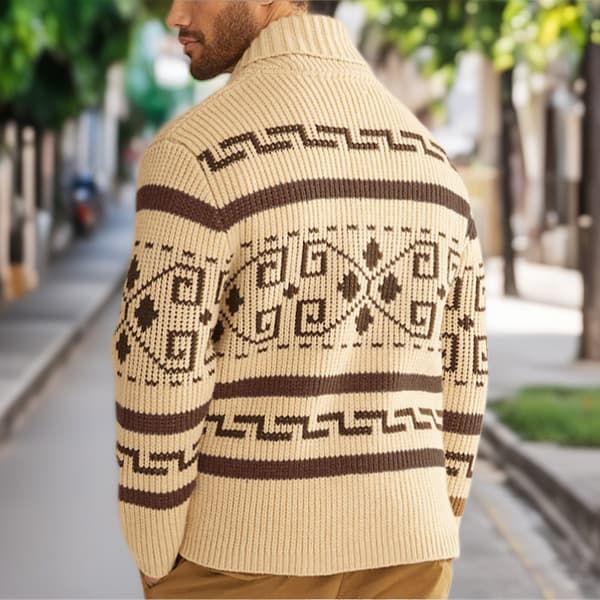 Khakifarget cardigan med glidelås for menn, jacquardstrikket genser, varme høst-/vinterklær S