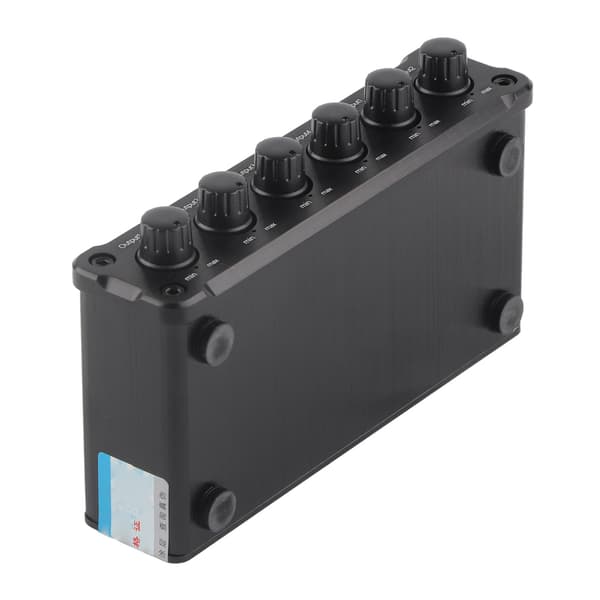 2-ind 4-ud lyd-mix-distributør, tabsfri, justerbar lydstyrke, 3,5 mm hovedtelefonstik, lydsignalforstærker, 100-240V EU-stik