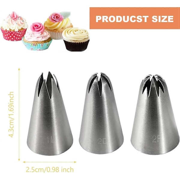 3 Tyller - 1M 2D 2F Store Tyllespidser, Rustfrit Stål Kagedekorationsspidser til Glasur, Cupcakes.
