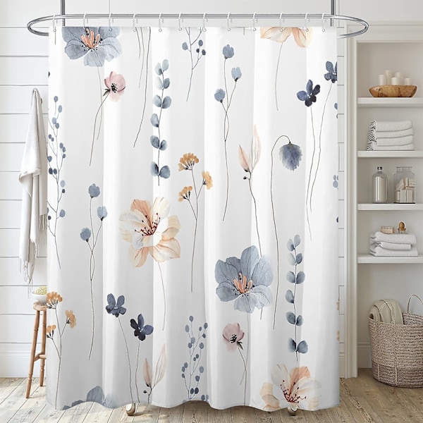 Dekorativt vandfarve blomster bruseforhængssæt, blå beige blomster bruseforhæng, moderne minimalistisk hvidt bruseforhæng, vandtæt stof, 12 kroge