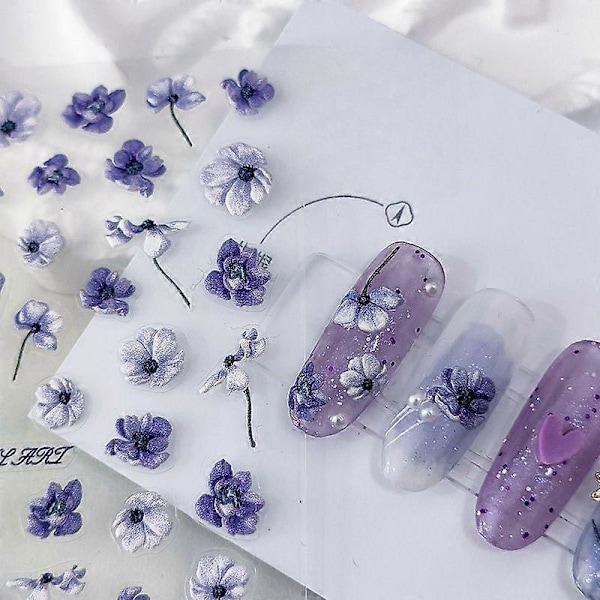 5D Lyx Blå och Lila Blomdesign Nagelstickers Mjuka Präglade Självhäftande Dekorativa Nagelkonst TA259