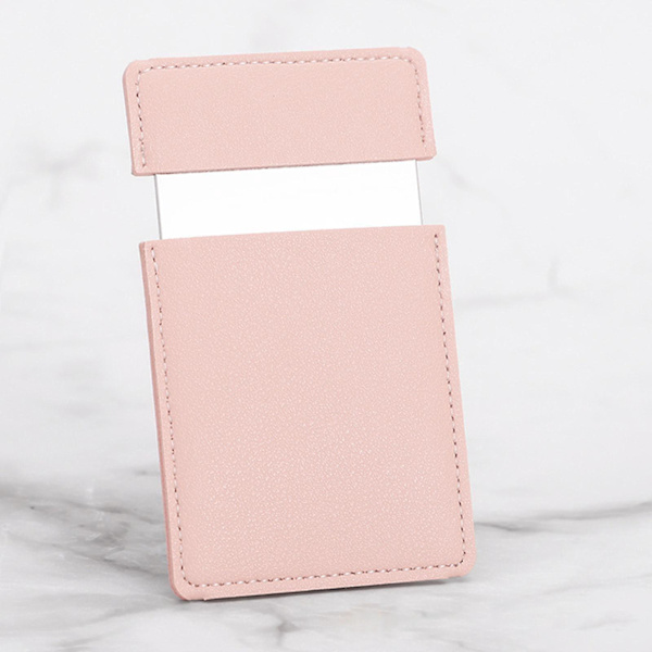 Fyrkantig Mini Sminkspegel Resa Utomhus med PU Läderfodral Rosa
