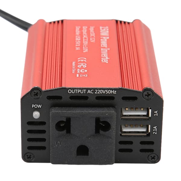 Auton tehoinvertteri 150W 12V DC - 220V AC kahdella USB 2.1A -lähdöllä virtalähteelle, punainen