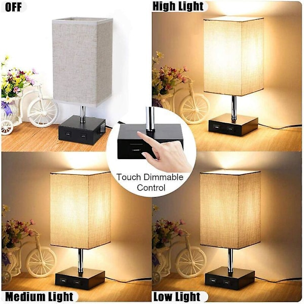 Dimbar 2 USB Touch Sänglampa med E27 Glödlampa Beige Tyglampskärm Bordslampa för Sängbord Bar Sovrum Vardagsrum Hotell Café Barnrum Vardagsrum