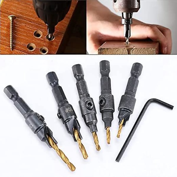 Titanbelagda Bänkskivs Bits, Handborrtillbehörssats Skruvhålsstorlek Countersink Hexskaftborr med 1/4 Set Countersinkborr