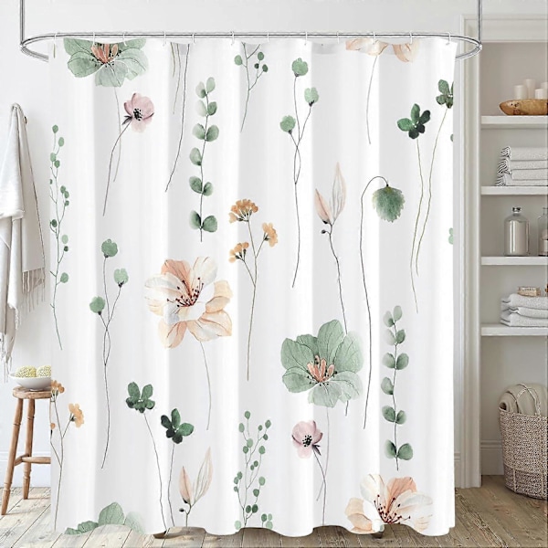 Akvarel Blomster Bruseforhæng, Salviegrøn Beige Blomster Bruseforhæng til Badeværelse, Moderne Minimalistisk Hvidt Vandtæt Stof Bruseforhængssæt wi