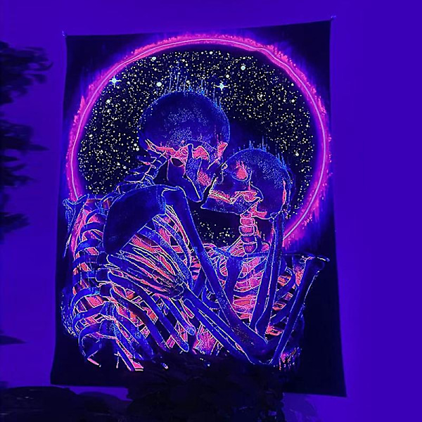 Blacklight Skull Gobelin, Kyssende Elskere Romantisk Gobelin UV Reaktiv Trippy Psykedelisk, Skjelett Veggkunst for Soverom Stue