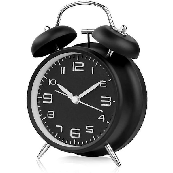 Dubbel Bell Väckarklocka Analog Quartz Väckarklocka med Nattlampa | Högt Alarm | Tyst Gående | Tyst Retro Väckarklocka, Stor 4-tums Urtavla - Svart