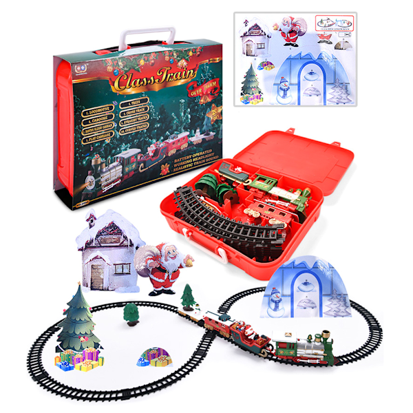 Elektrisk julesportog med tog, klassiske skinner, kupé-leker med lys og musikk for barn