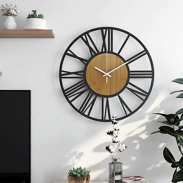 Stor Väggklocka Tystgående, Batteridriven Rustik Rund Modern Stor Träväggklocka för Vardagsrum 16 Tum (34.2CM, Svart)