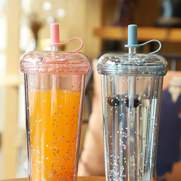 Dobbel Straw Tumbler, 420ml, med lokk & sugerør, gjenbrukbar vannflaske (blå)