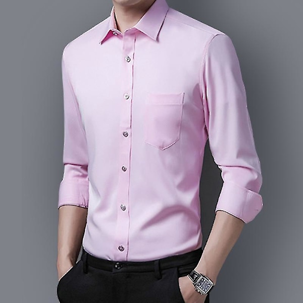 Rosa Slim Fit Skjorte med Knapper for Menn, Lang Ermet Casual Solid Turn Down Krage