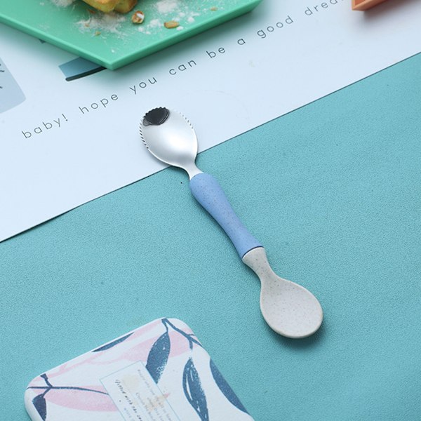Dubbeländade barnskedar Barnfruktpurésked Fruktskrapskedar