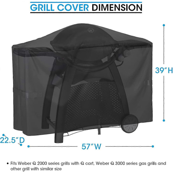 Grillovertræk til Q2000 Q300 Q3000 Q3200 Serie Grills, Sammenlignet med Weber 7112, Kraftig Vandtæt Fuld Længde BBQ Grillovertræk 57 Tommer, Fade- og UV-bestandig