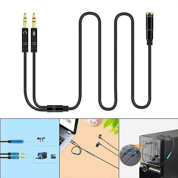 Kuulokejakaja, sovitin, kaksi adapteria, headset-kaapeli, kannettavan tietokoneen Y-sovitin