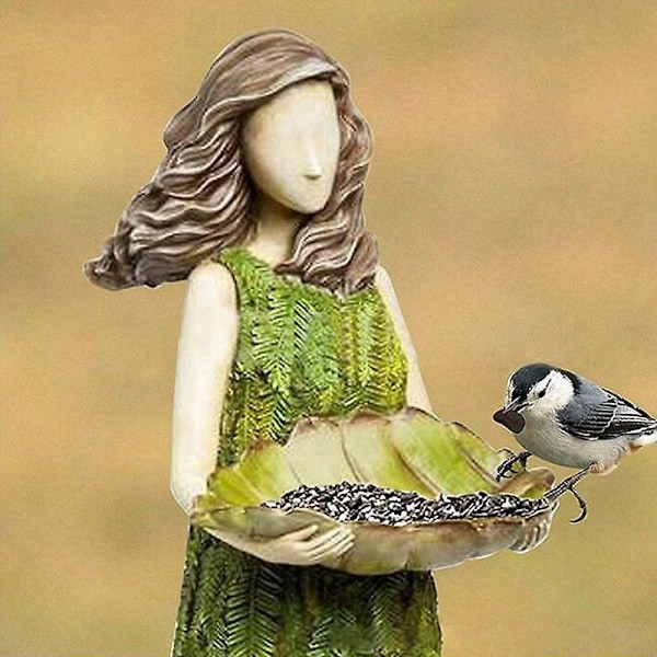 Fern Fairy Havefigur i Harpiks med Fuglefoder - Udendørs Gudinde Statue