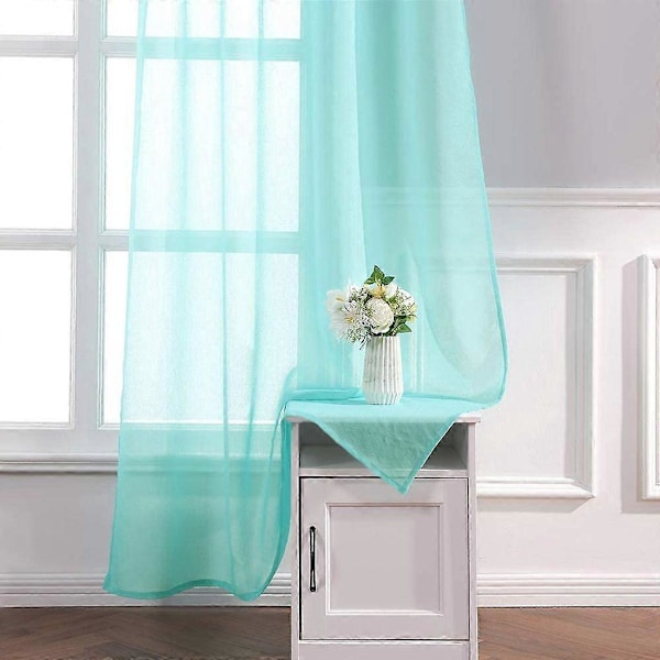 Sett med 2 lette voilegardiner med maljer, transparent utseende, gardiner laget av voile polyester, maljegardin, transparent, 132x241 cm (BxH), turkis