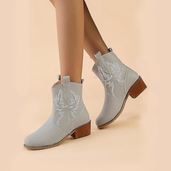 Grå Cowboy Ankle Boots til Kvinder, Lav Hæl, Bredde