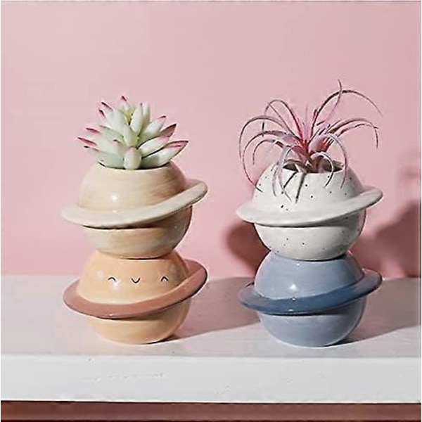 Set med 2 keramiska blomkrukor - För suckulenter - Kreativ - Mini Planet - Dekorativ blomkruka för inomhus eller balkong - Blå