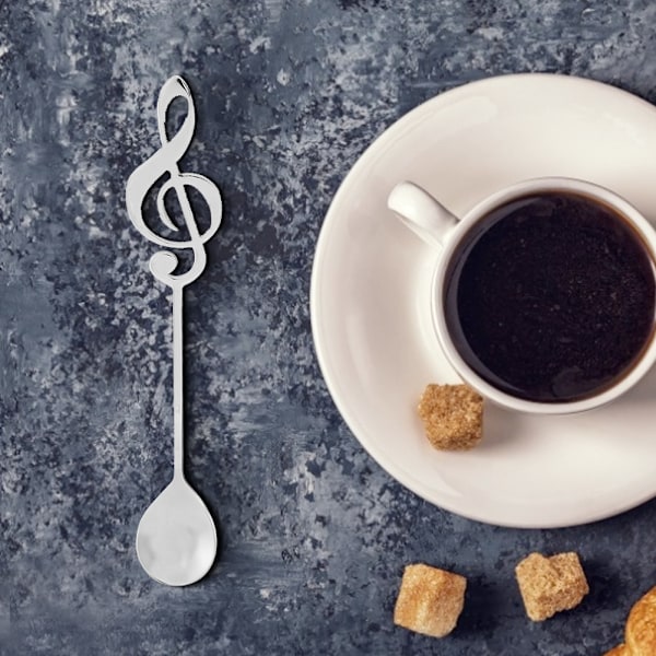 Dessert ske i rustfrit stål med musikalsk note - ske til kaffe, te og omrøring (sølv)