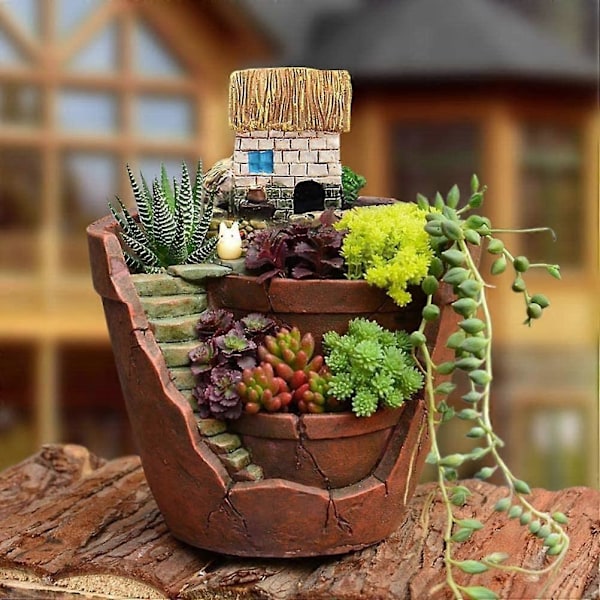 Kreativ Suckulent Växtkruka, Sagoträdgård Harts Blomkrukor Sött Hus DIY Trädgårdsdekoration (Brun, 13*10*10cm)