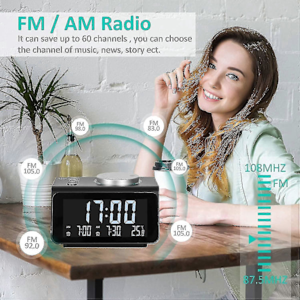 Dubbla Klockradioapparater, Digital Väckarklocka Med FM-Radio, Dubbla USB-Portar, 7 Larmljud, 5 Justerbara
