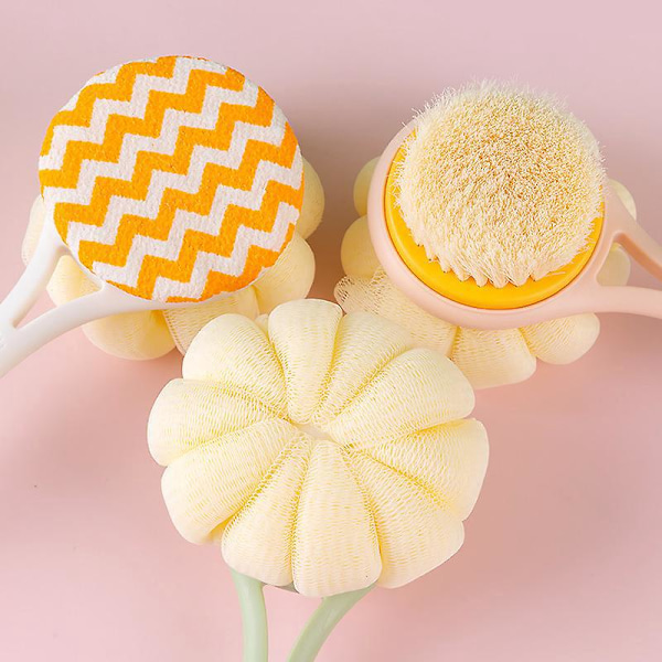 Eksfolierende kroppsbørste med bust og loofah, langt buet håndtak, dusj- og massasjebørste, våt eller tørr bruk
