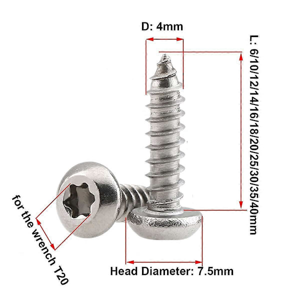 50 stycken M4x20mm Självgängande Skruvar, Torx Skruvar med Platt Huvud, Rostfria Självborrande Skruvar med Runt Huvud