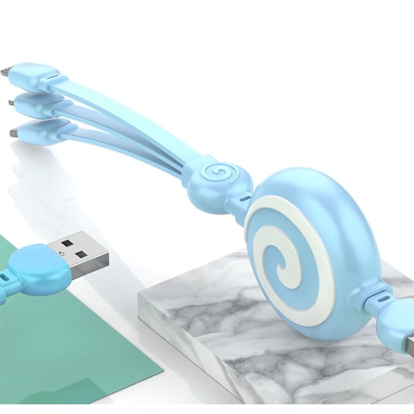 3 i 1 USB-laddningskabel Lollipop-form Sträckbar Snabbladdningstelefonkabel för IOS för Android för Huawei Sky Blue