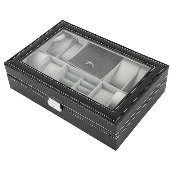 Kellon watch 8 paikka watch case, 2 lokero rengas Lukittava PU-nahkainen watch säilytyslaatikko, jossa lasikansi