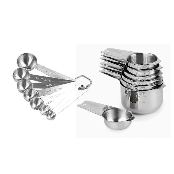 2 Sett Målebeger Sett med 7 med 1/8 Kopp Kaffeskje, Rustfritt Stål Metall Målebeger, 7 Deler