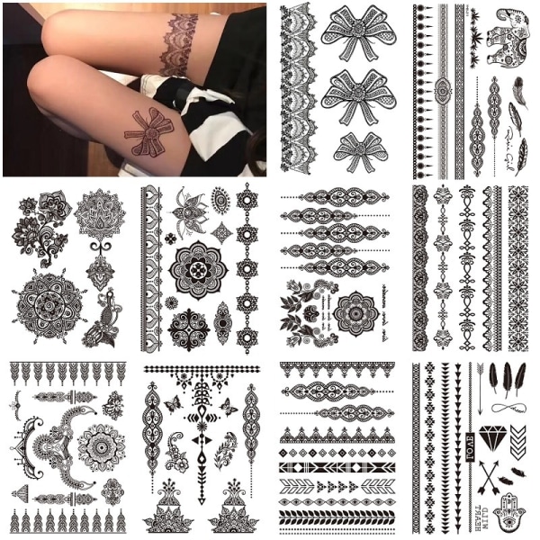 10 ark sorte midlertidige tatoveringsmærkater Voksne Kvinder Piger Fjer Mandala Blomsterkunst Kropsarm Store tatoveringer Ark Blonder Bryllup Midlertidige tatoveringer