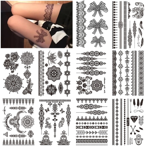 10 Ark Svart Tillfälliga Tatueringsdekaler Vuxna Kvinnor Flickor Fjäder Mandala Blomma Konst Kropp Arm Stora Tatueringar Ark Spets Bröllop Tillfälliga Tatueringar