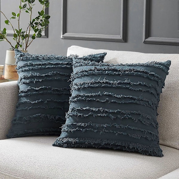 Gråblå Prydnadskuddfodral för Soffa Säng, Dekorativa Kuddfodral i Bomull Linne, 50 x 50 cm Set med 2, Inga Innerkuddar