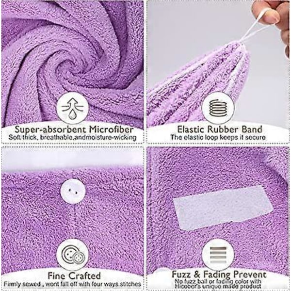 3-pakke (Lilla) Mikrofiber Hårtørringshåndklæde Wrap Super Absorberende Twist Turban Hurtigtørrende Hårhætter med Knapper Badløkke Fastgør Salon Tørt Hår Hat