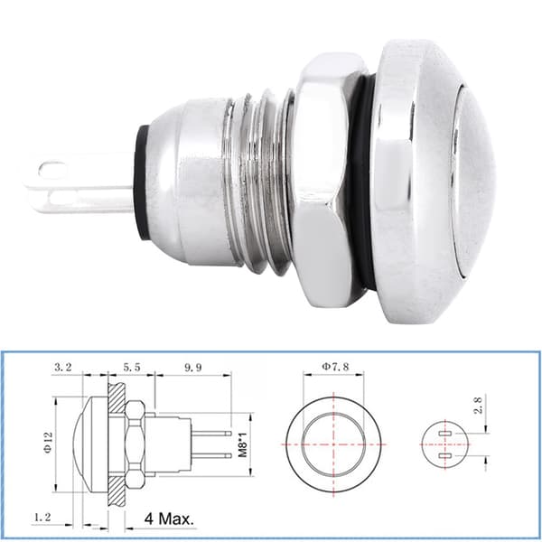 1A 24V 8mm Mini Vedenpitävä Auton Hetkellinen Painonappi Virtakytkin Nikkelipinnoitettu Messinki