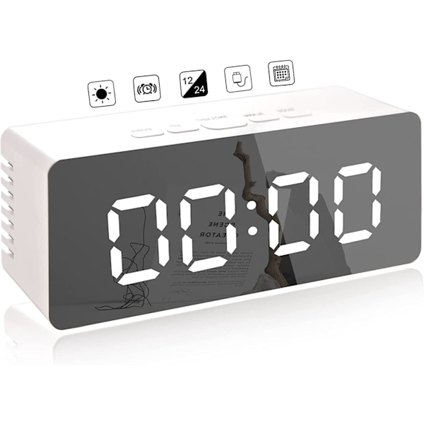 Digital spegelalarmklocka med temperatur, snooze, röststyrning och justerbar ljusstyrka - Dubbel LED-sängklocka och smink spegel