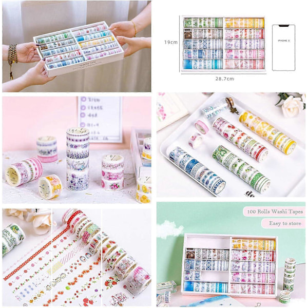 100 Rullaa Washi-teippisetti, Väri-maskingteippikokoelma, Kirjoitettava koristeteippi taiteeseen, tee-se-itse-askarteluun, Bullet Journal -lehtiin, suunnittelijoihin, Sc