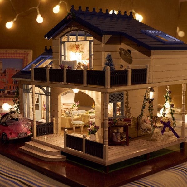 DIY trä miniatyr montering dekorativ prydnad Dollhouse Villa för barn barn