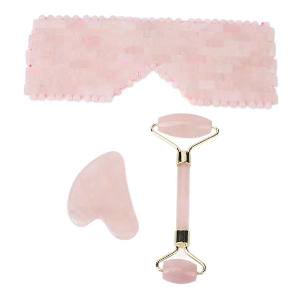 Gua Sha-sett i rosa krystall for øyefascial skraping og jadestenrullesett for hudpleie og muskelavslapping