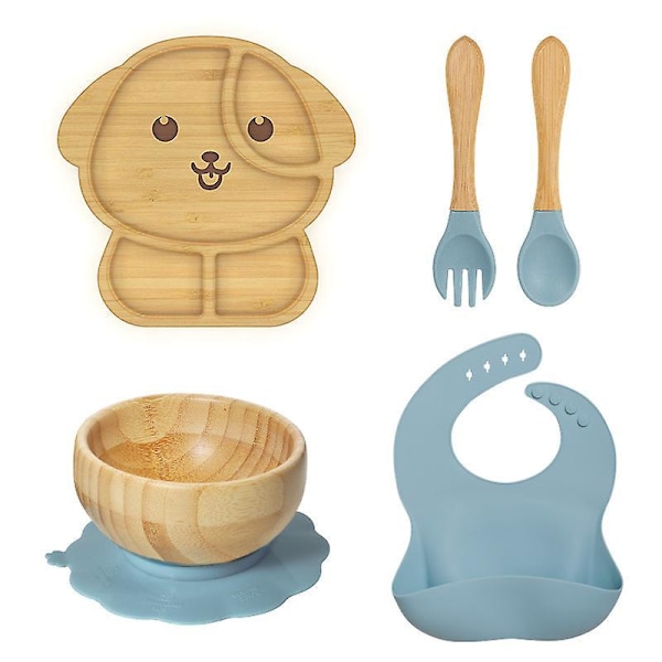 Wooden Baby Plate, Bowl, and Spoon Set - Baby Cutlery - Wood Kids Bowl - BPA-Free Bowl - Bamboo Kids Utensils (Blue 8-Piece)