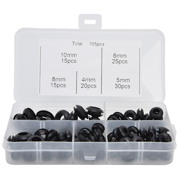 105st Grommet sortimentssats Gummi Elektriska packningsringar Ledningar VVS Skyddsspole