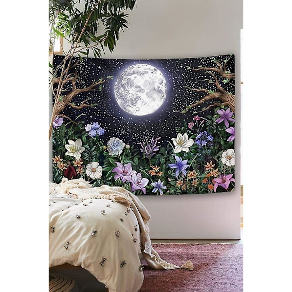 Estetisk Månträdgård Gobeläng Väggbonad, Nattscen med Färgglada Växter och Blommor Gobeläng för Sovrum Heminredning 130cm×150cm (50\"B × 60\"L)