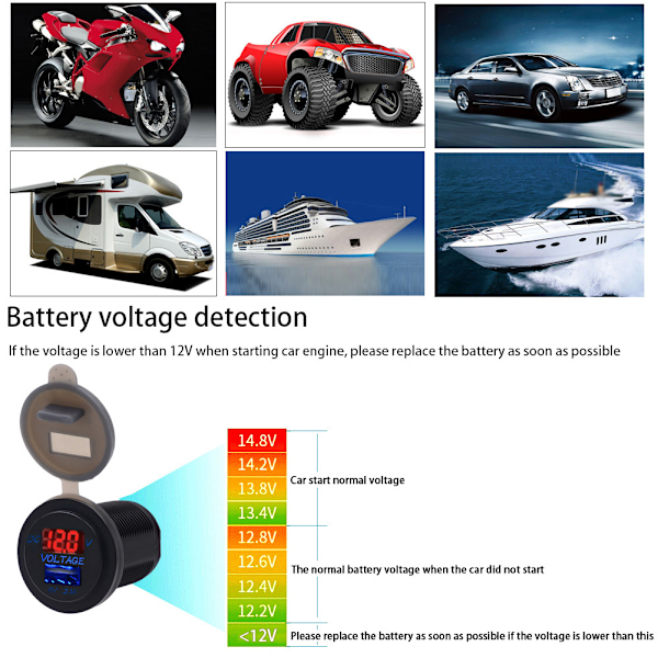 USB-porttien auton laturi jännitteen näyttö volttimittari ajoneuvon virta IP66 vedenpitävä 2.1A punainen DC12-24V